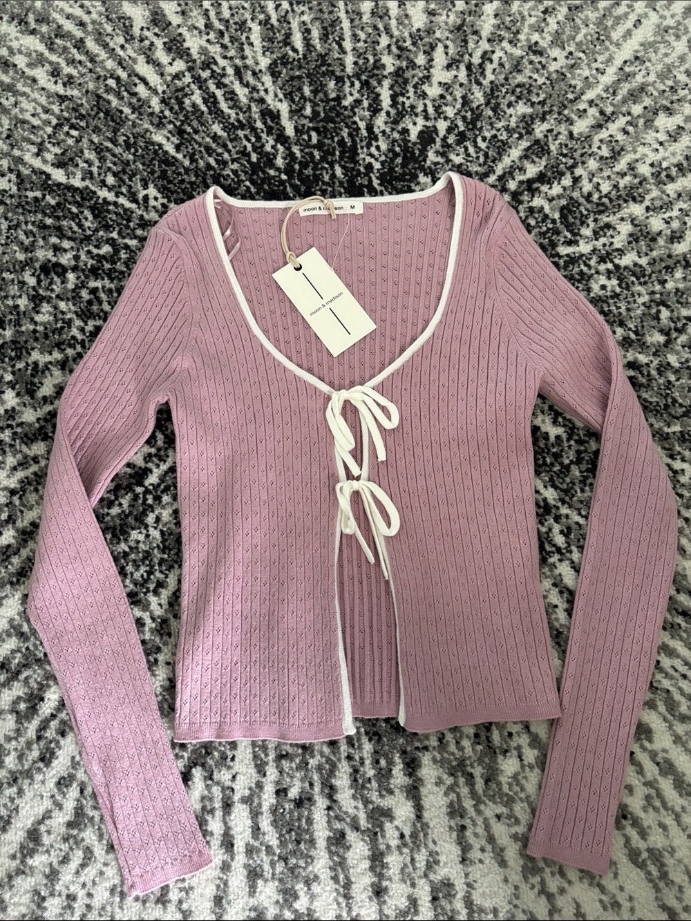 Mauve Tie-Front Ribbed Long-Sleeve Top